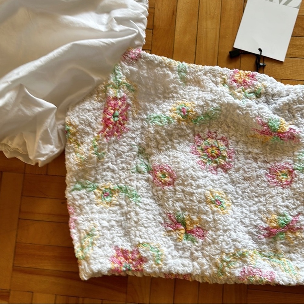 NWT ZARA White Floral Balloon Sleeve Boho crop top size XL - Picture 6 of 7